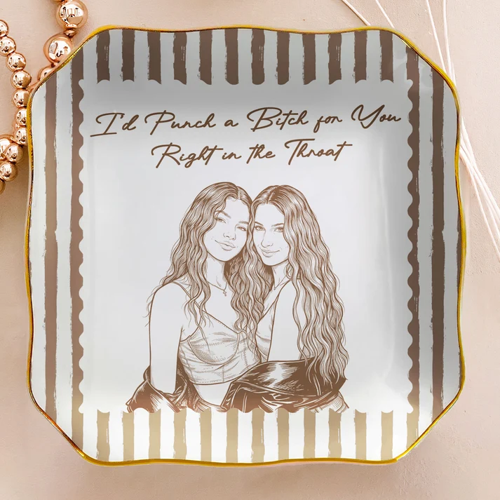 Custom Photo Friendship Stripe Vintage Cottage - Personalized Jewelry Dish - Gift For Her, Besties, Friends, Sisters