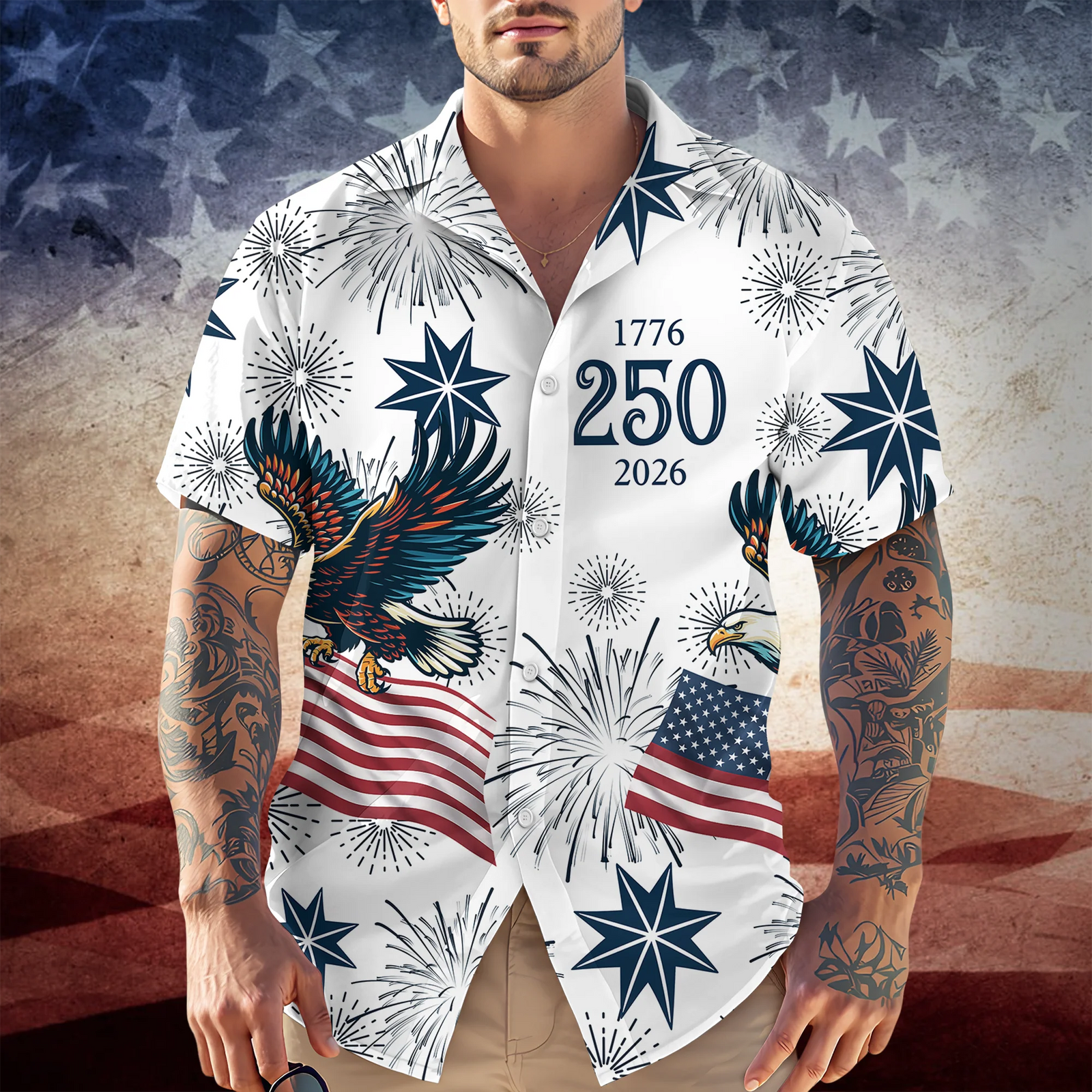 USA 250 Anniversary Eagle 1776-2026 - Personalized Hawaiian Shirt - America 250th Anniversary Gift for Dad, Papa, or Grandpa