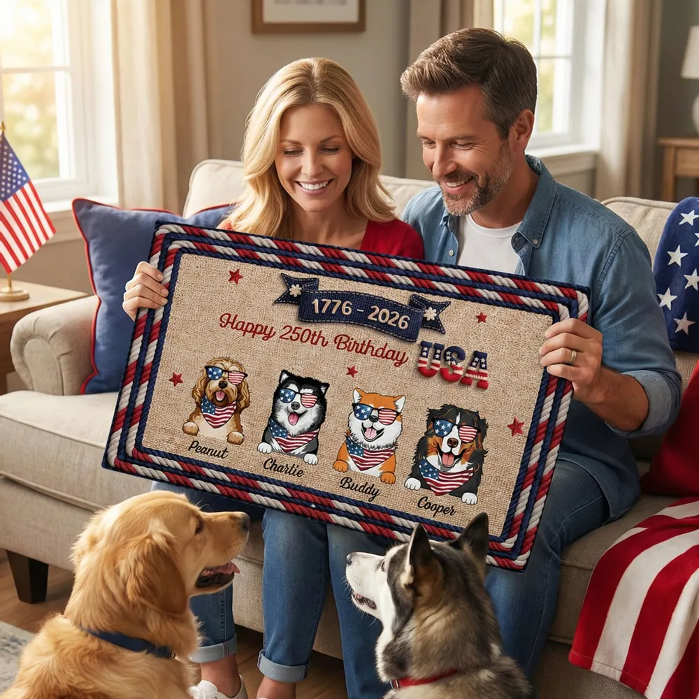 USA 250th Birthday Patriotic Flag Dog Faux Yarn Pattern - Personalized Doormat - America 250th Anniversary Gift for Dog Lovers, Dog Mom, Dog Dad