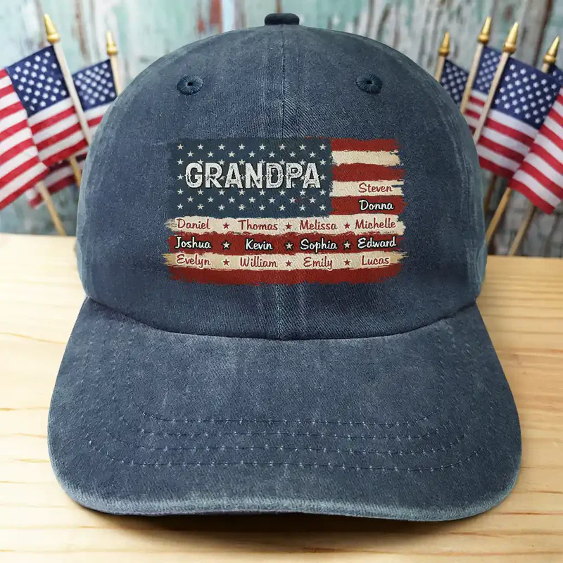 Stars & Stripes US Flag American Dad Grandpa - Personalized Custom Vintage Washed Denim Cap - Gift for Dad, Daddy, Papa, or Grandpa