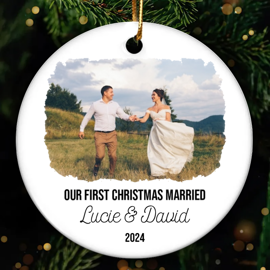 Custom Photo First Christmas Married personalized circle ceramic ornament, alternate view 3