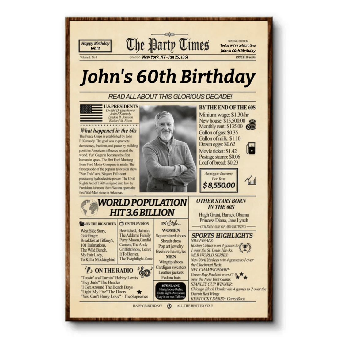 Personalized Funny Birthday Gift Ideas for 40th 50th 60th 70th canvas print, framed in a bright living room