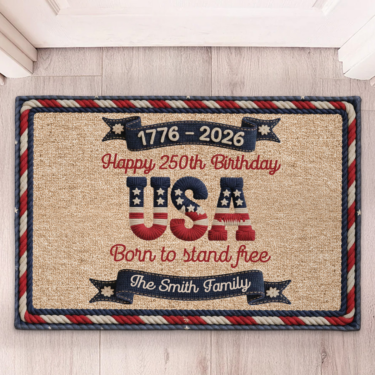 Family USA 250Th Birthday Faux Yarn Pattern - Personalized Doormat - America 250th Anniversary Gifts For Family, Mom, Dad, Brother, Sister