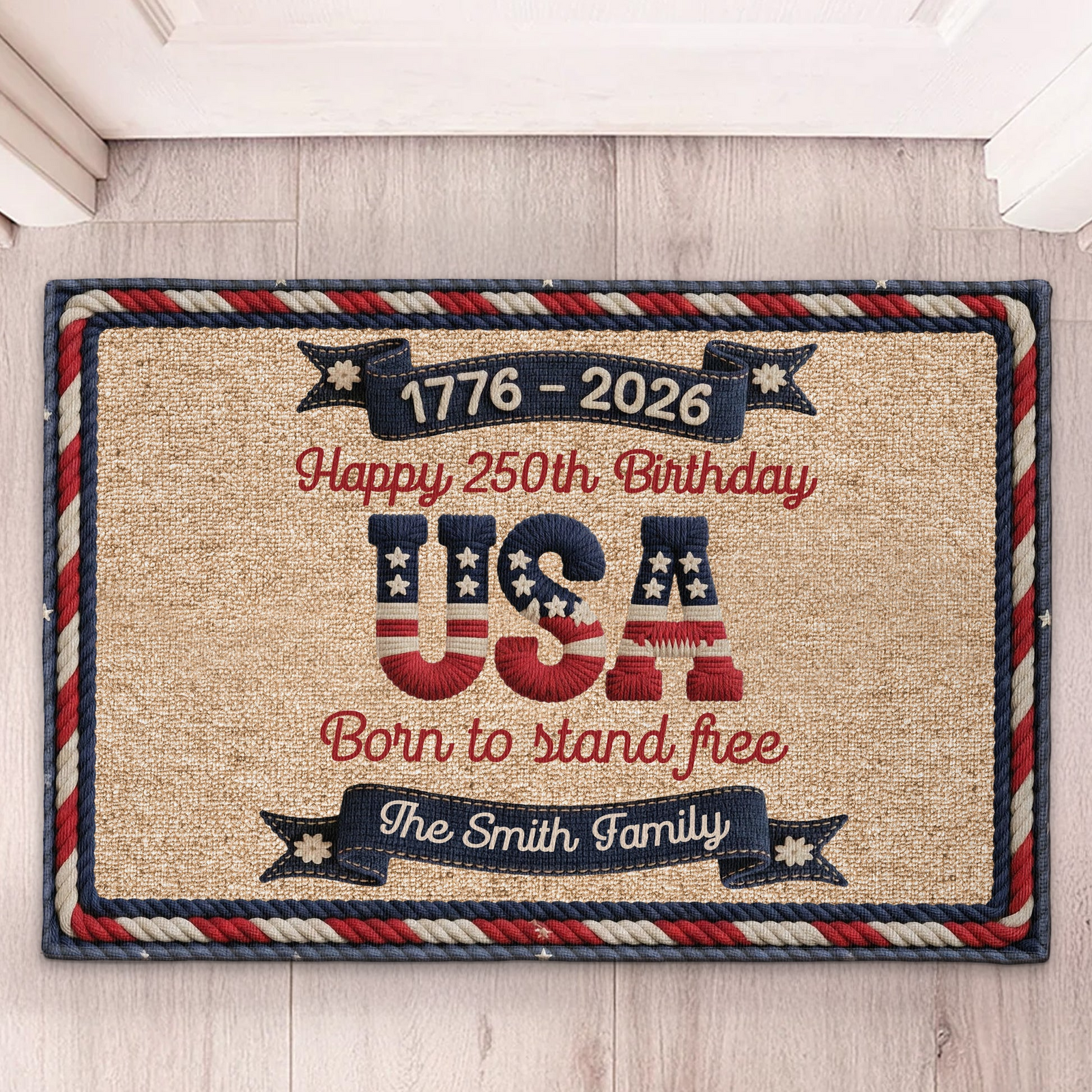 Family USA 250Th Birthday Faux Yarn Pattern - Personalized Doormat - America 250th Anniversary Gifts For Family, Mom, Dad, Brother, Sister
