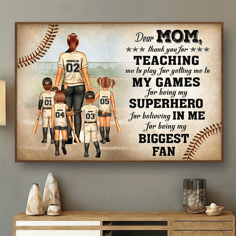 Personalized Baseball Dear Mom Thank You For Being My Biggest Fan poster, leaning against a wall on a wooden floor
