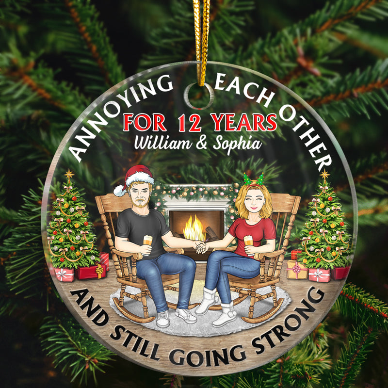 Personalized Christmas Family Couple Annoying Each Other For Years circle acrylic ornament, alternate view 2