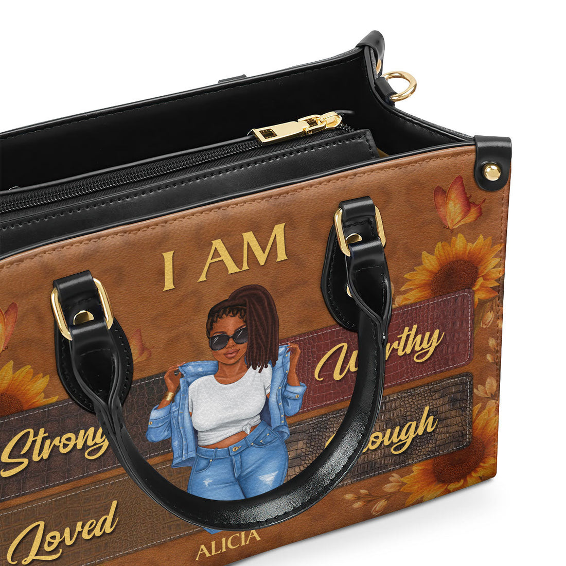 Personalized I Am Educated, Melanated leather handbag, front view