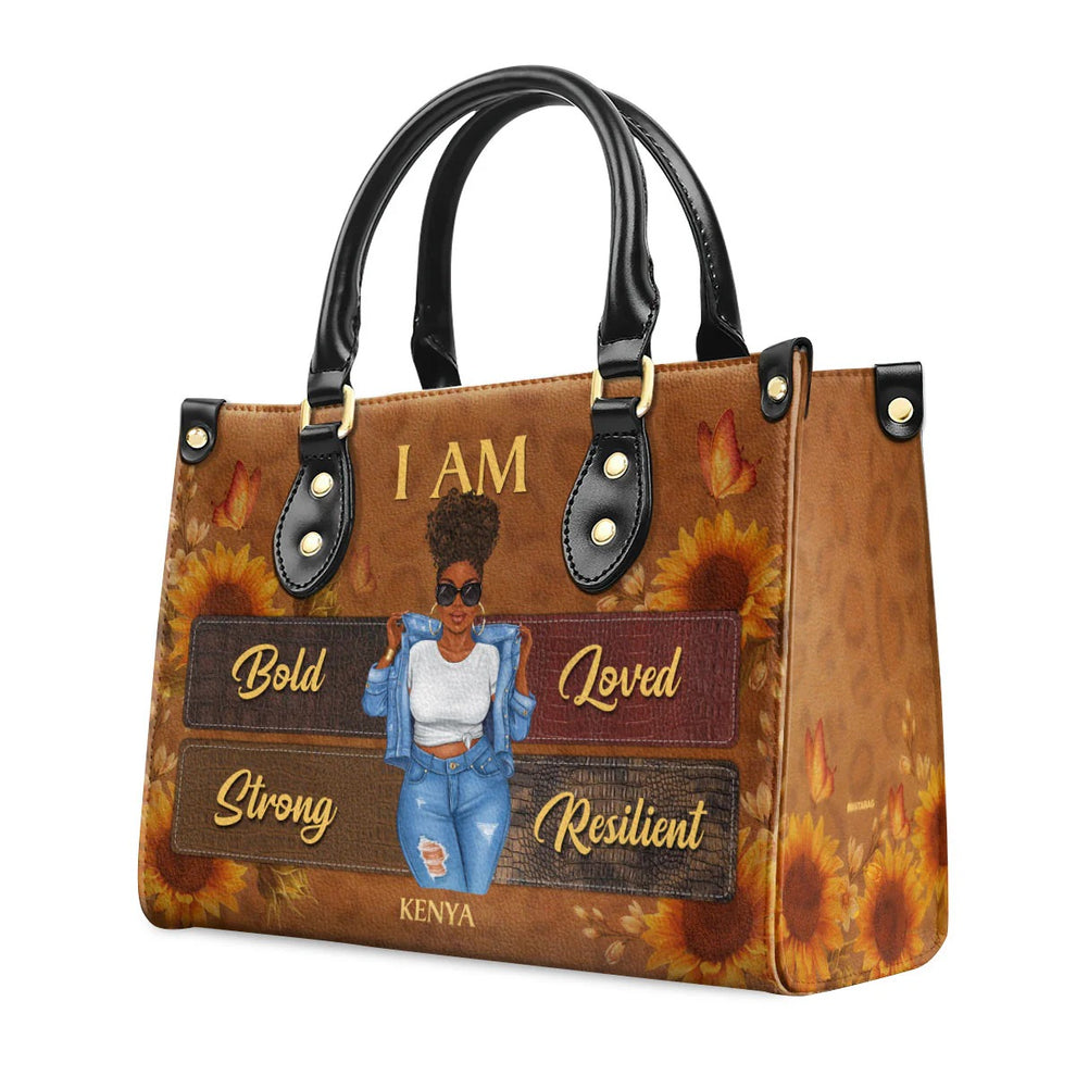 Personalized I Am Educated, Melanated leather handbag, front view with name options