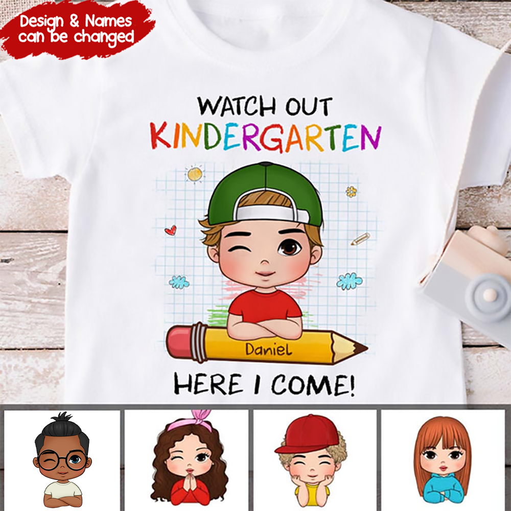 Watch Out Here I Come, Custom Kid Shirt for First Day, Back To School | Personalized Gift for Student, Son, Daughter | Kindergarten, Pre-K, Preschool