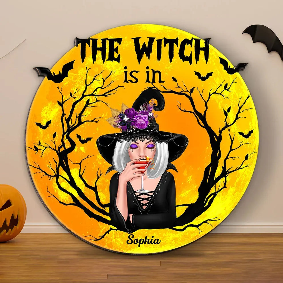 Personalized The Witch Is In wood sign, main view
