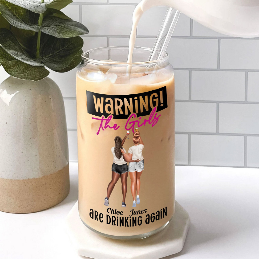 Personalized Warning The Girls Are Drinking Again clear glass cup, alternate view 4
