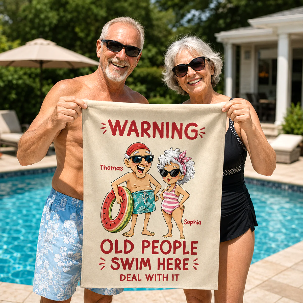Warning Old People Swim Here Deal With It - Personalized Garden Flag - Gift For Old Couple, Grandma, Grandpa