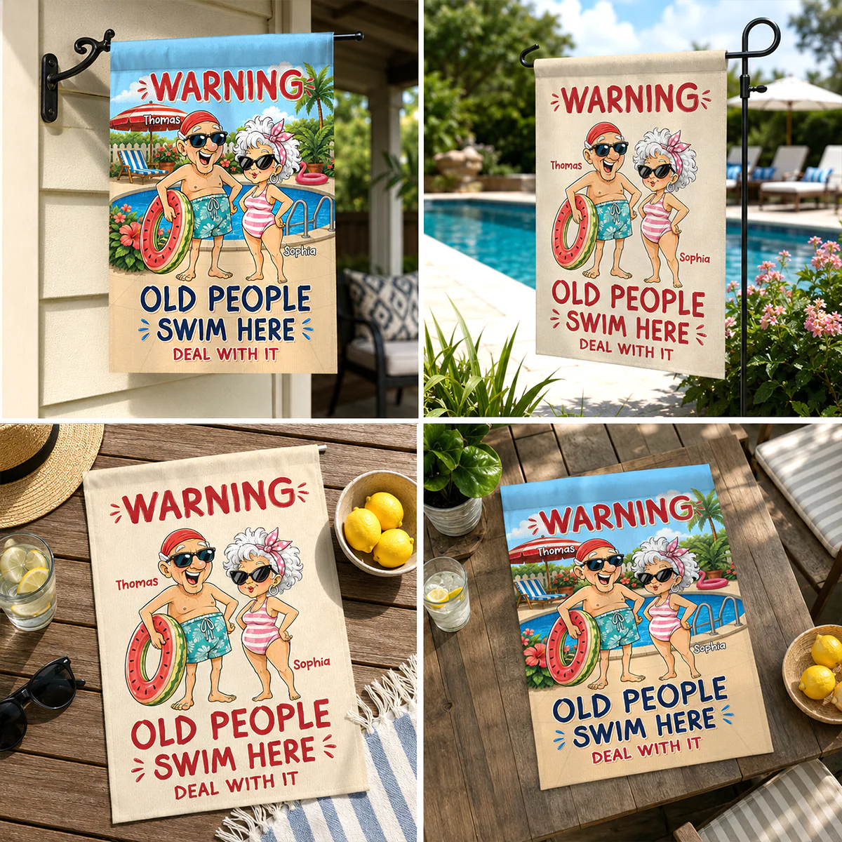 Warning Old People Swim Here Deal With It - Personalized Garden Flag - Gift For Old Couple, Grandma, Grandpa