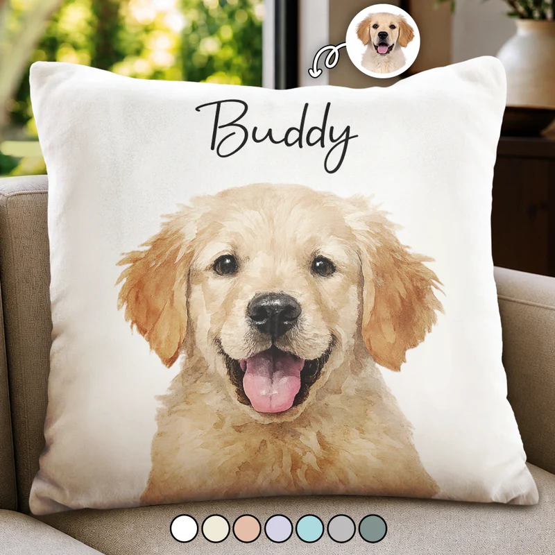 Custom Photo Watercolor Art Dog Cat Pet - Personalized Custom Pillow - Gift for Dog Lovers, Cat Lovers, Pet Lovers