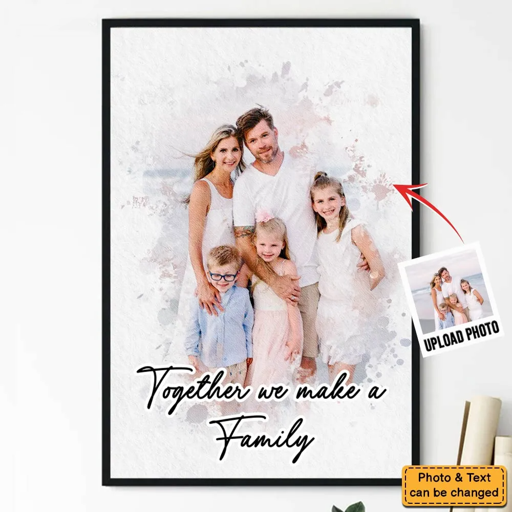 Custom Photo Watercolor Family poster, a woman hanging the framed print on a wall