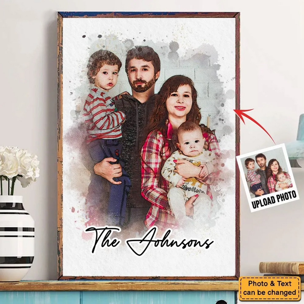 Custom Photo Watercolor Family poster, leaning against a wall on a wooden floor