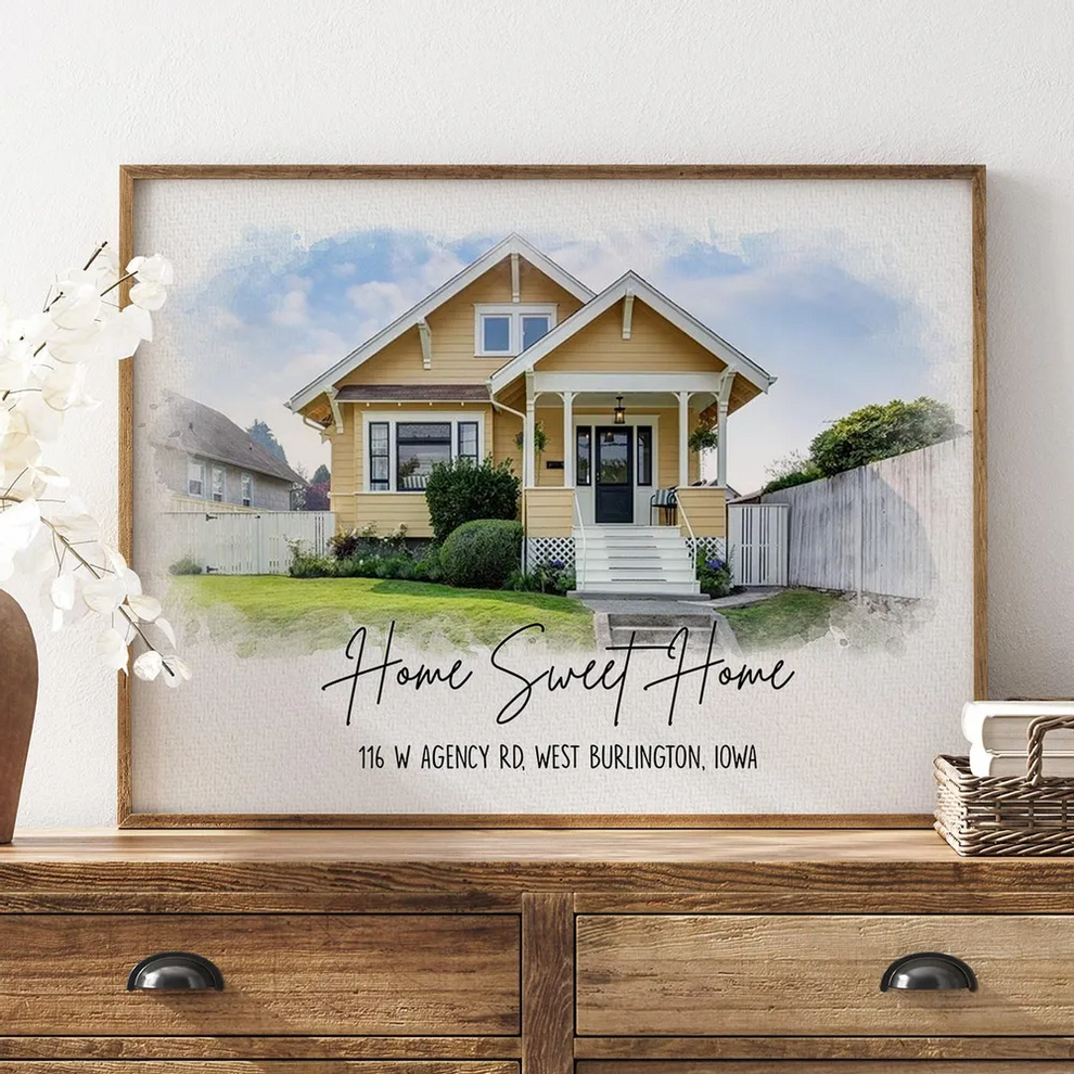 Personalized Custom Photo Watercolor House canvas print, leaning against a wall on a wooden floor