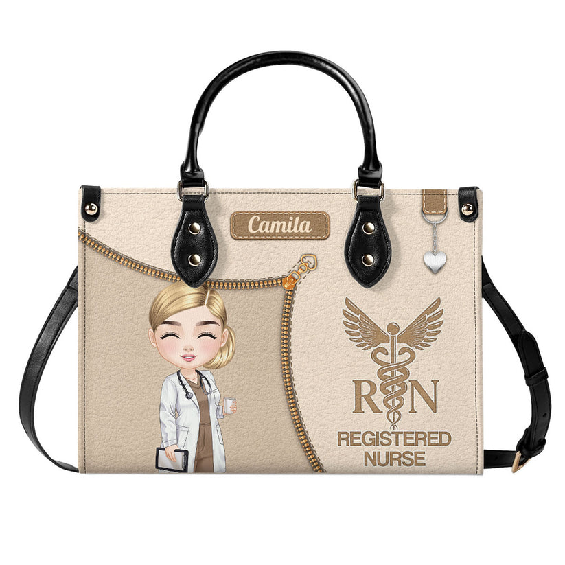 Registered nurse watercolor leather handbag with name, front view with name options