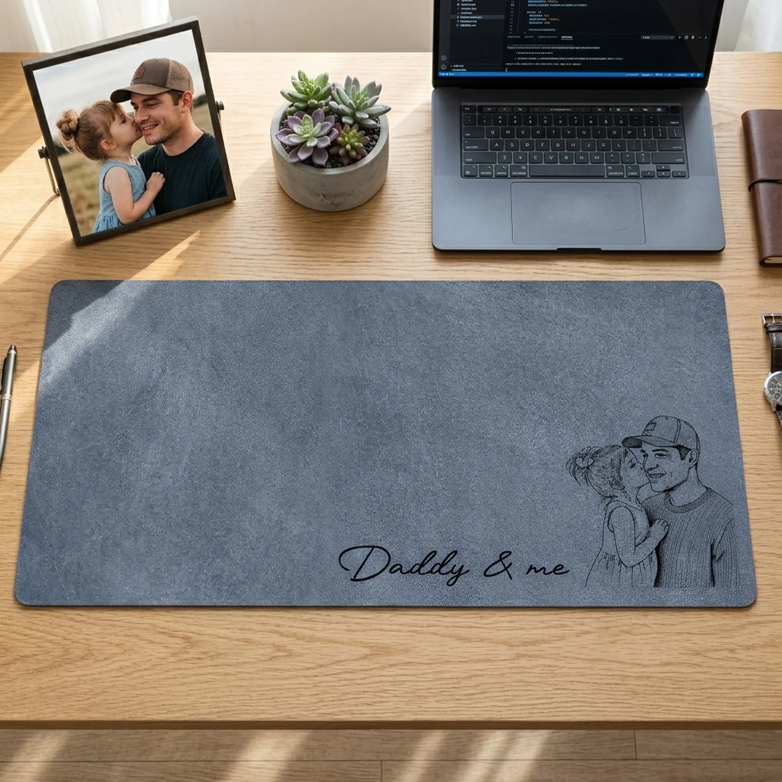 Custom Photo Sketch Line Art Dad We Love You - Personalized Desk Mat - Father's Day Gift for Dad, Daddy, Papa, Grandpa