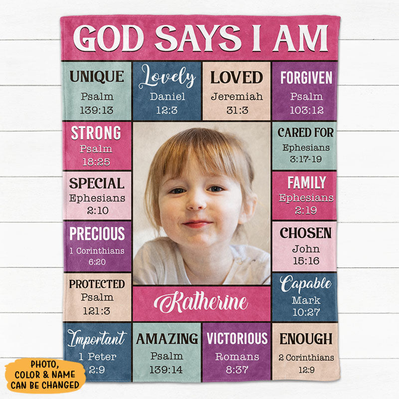 Personalized Custom Photo God Says I Am fleece blanket, spread across a bed