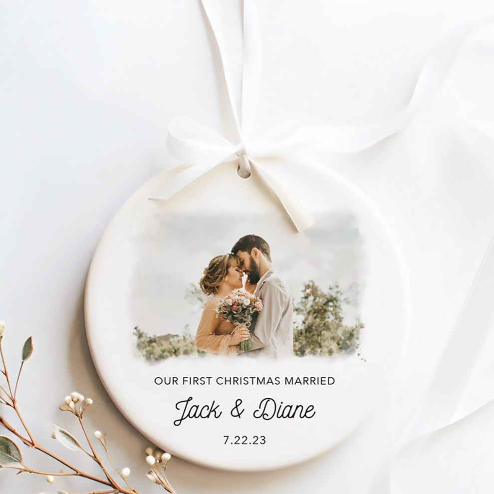 Custom Photo First Christmas Married personalized circle ceramic ornament, main view