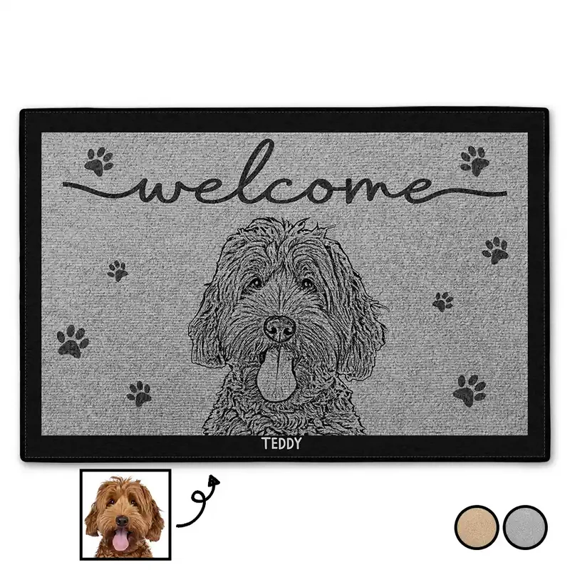 Custom Photo Welcome Pet Face Dog Cat Pencil Sketch - Personalized Doormat - Personalized Gift for Dog Lovers, Cat Lovers, Pet Lovers