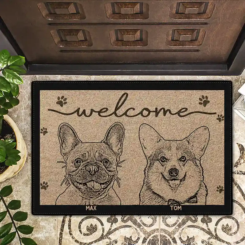 Custom Photo Welcome Pet Face Dog Cat Pencil Sketch - Personalized Doormat - Personalized Gift for Dog Lovers, Cat Lovers, Pet Lovers
