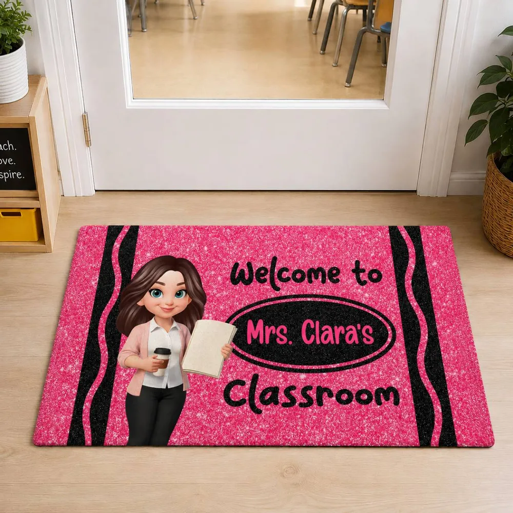 Faux Glitter Effect Crayon Color Welcome To Classroom - Personalized Doormat - Back To School Gift For Teacher, Educator