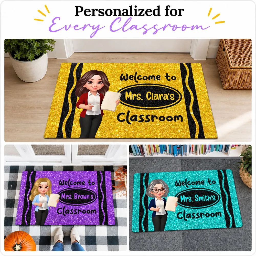 Faux Glitter Effect Crayon Color Welcome To Classroom - Personalized Doormat - Back To School Gift For Teacher, Educator