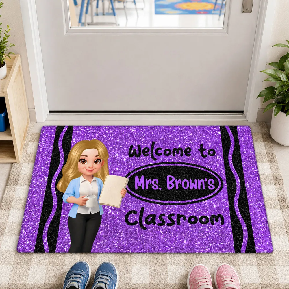 Faux Glitter Effect Crayon Color Welcome To Classroom - Personalized Doormat - Back To School Gift For Teacher, Educator