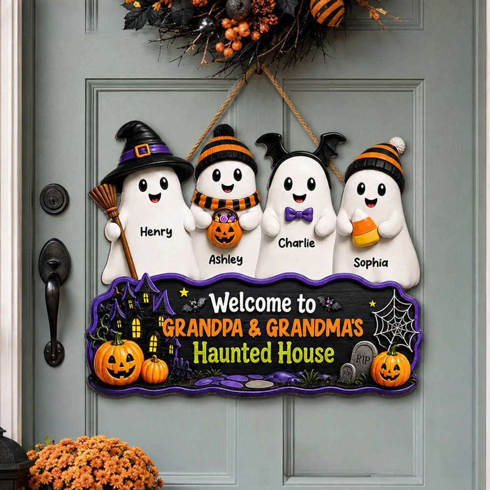 Halloween Welcome To Grandma Grandpa Haunted House - Personalized Custom Shaped Wood Sign - Halloween Gift For Grandma, Grandpa
