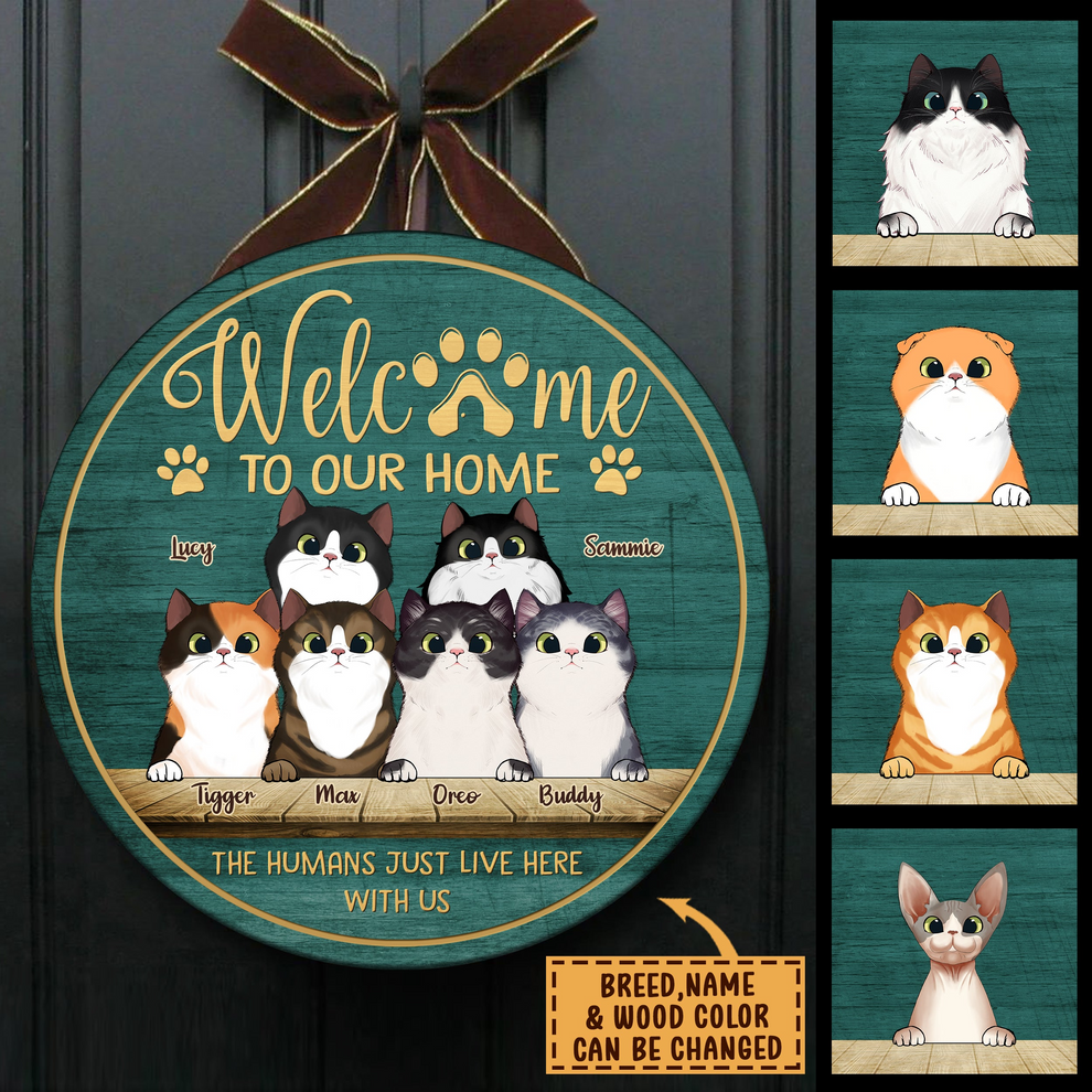 Personalized Welcome To Our Home Peeking Cats round wood sign, main view