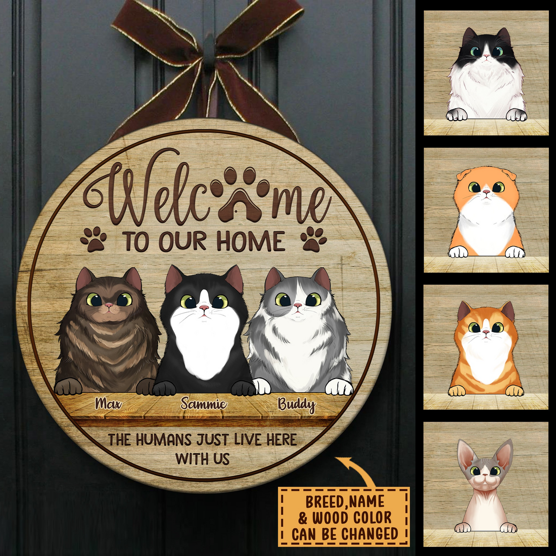 Personalized Welcome To Our Home Peeking Cats round wood sign, alternate view 3