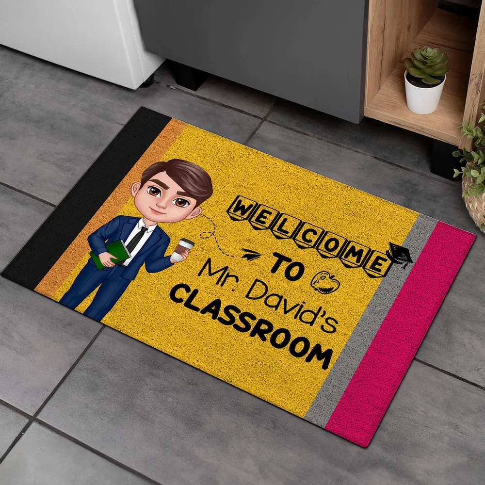 Welcome To Teacher Classroom Pencil Pattern - Personalized Doormat - Back To School Gift For Teacher, Educator, Kindergarten, Preschool, Pre K, Paraprofessional