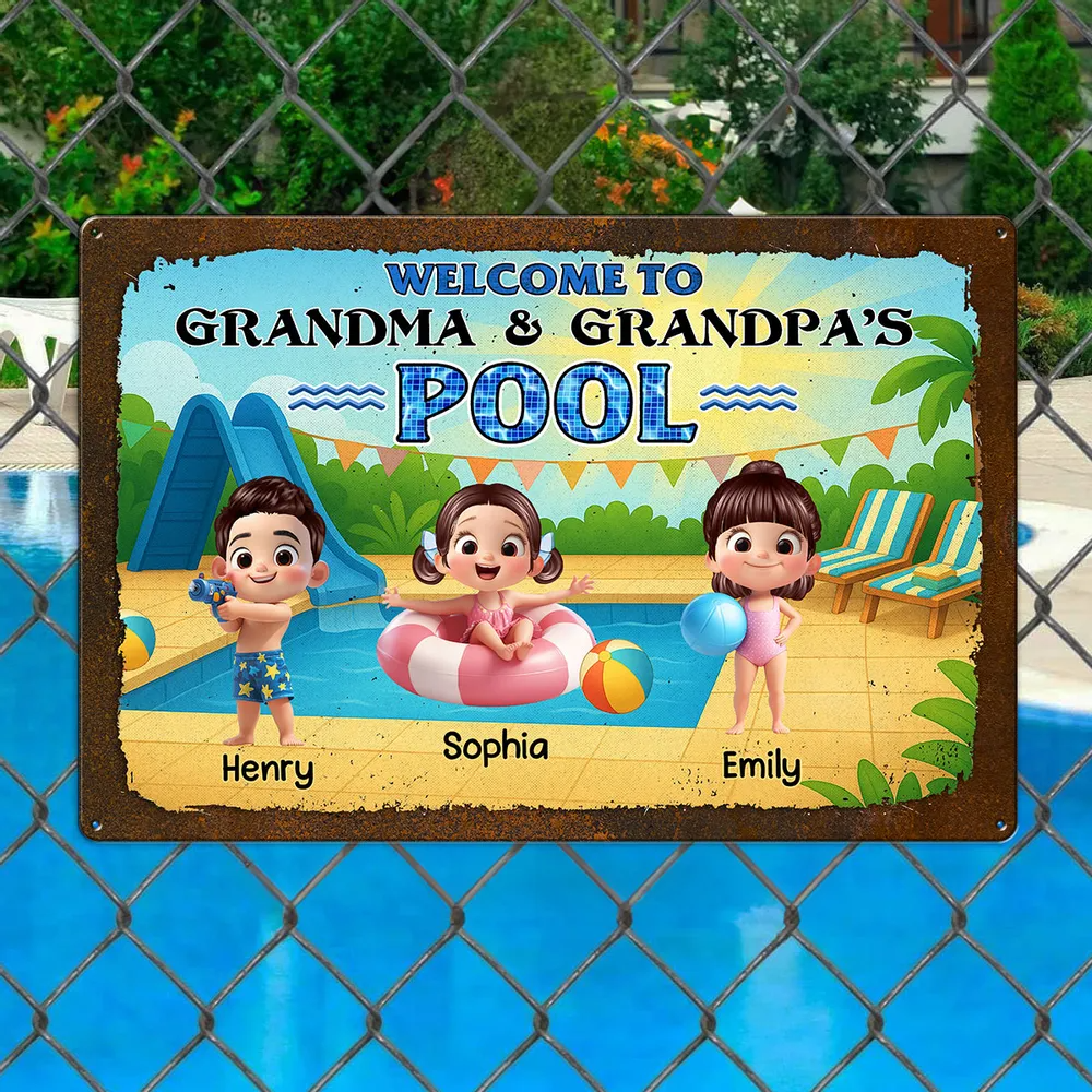 Welcome to Grandma & Grandpa's Pool - Personalized Metal Sign - Gift For Dad, Mom, Grandpa, Grandma