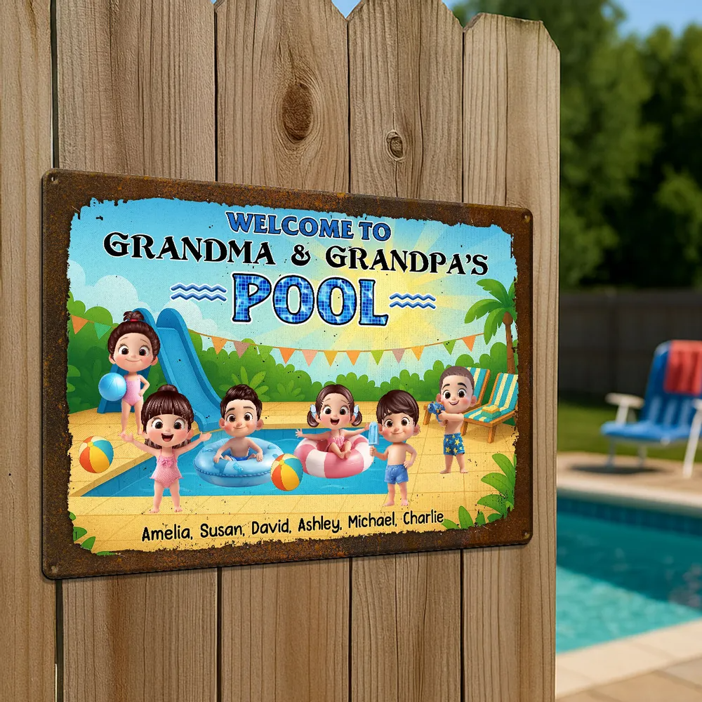 Welcome to Grandma & Grandpa's Pool - Personalized Metal Sign - Gift For Dad, Mom, Grandpa, Grandma