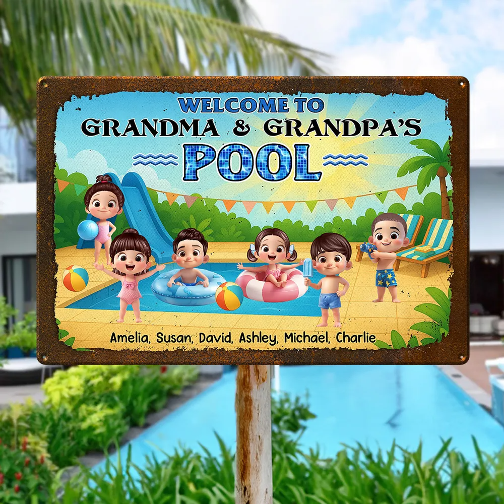 Welcome to Grandma & Grandpa's Pool - Personalized Metal Sign - Gift For Dad, Mom, Grandpa, Grandma