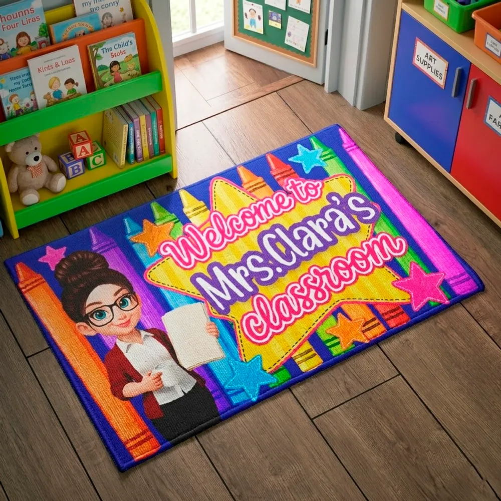Welcome to Teacher Classroom Pencil Crayon - Personalized Doormat - Back To School Gift For Teacher, Educator