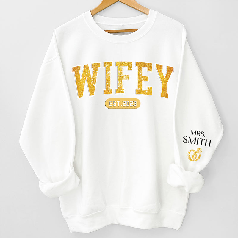 Wifey Est Hubby Est Couple personalized sleeve printed sweater, alternate view 3