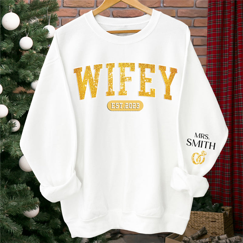 Wifey Est Hubby Est Couple personalized sleeve printed sweater, main view