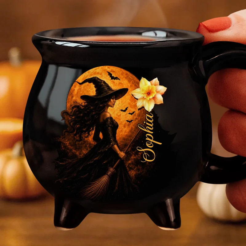 Custom Name Witch Mode On - Personalized Ceramic Cauldron Coffee Mug - Halloween Gifts For Besties, Sisters, BFF, Family, Yourself