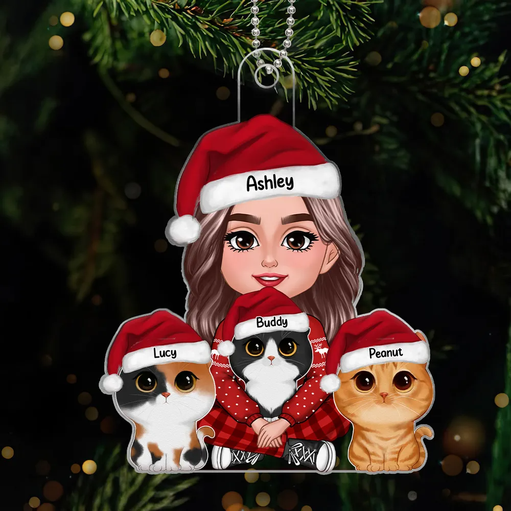 Woman Holding Cute Fluffy Cat custom shaped acrylic ornament, alternate view 3