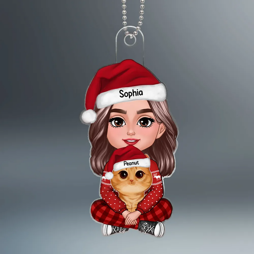 Woman Holding Cute Fluffy Cat custom shaped acrylic ornament, main view
