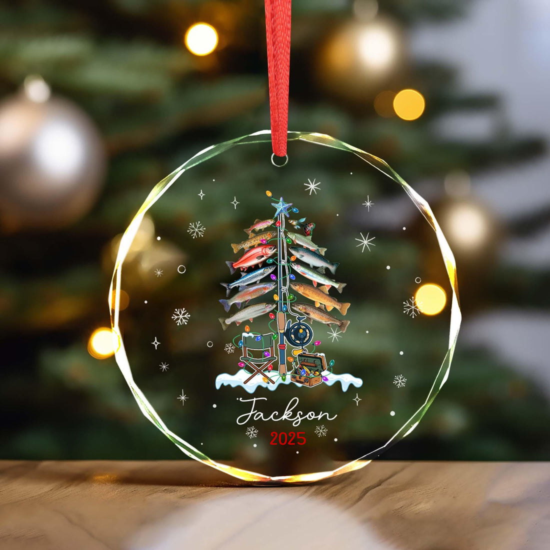 Personalized Xmas Tree Decor Gift For Fishing Lovers circle glass ornament, alternate view 2