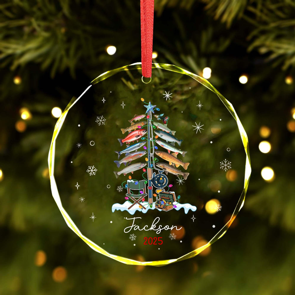 Personalized Xmas Tree Decor Gift For Fishing Lovers circle glass ornament, main view