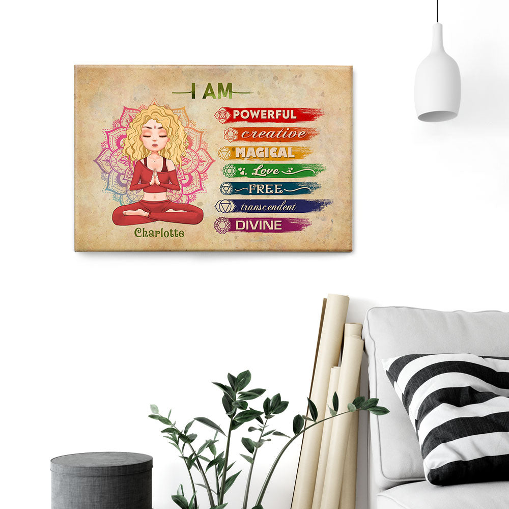 Custom Yoga Canvas Prints poster, size options shown on a sofa wall
