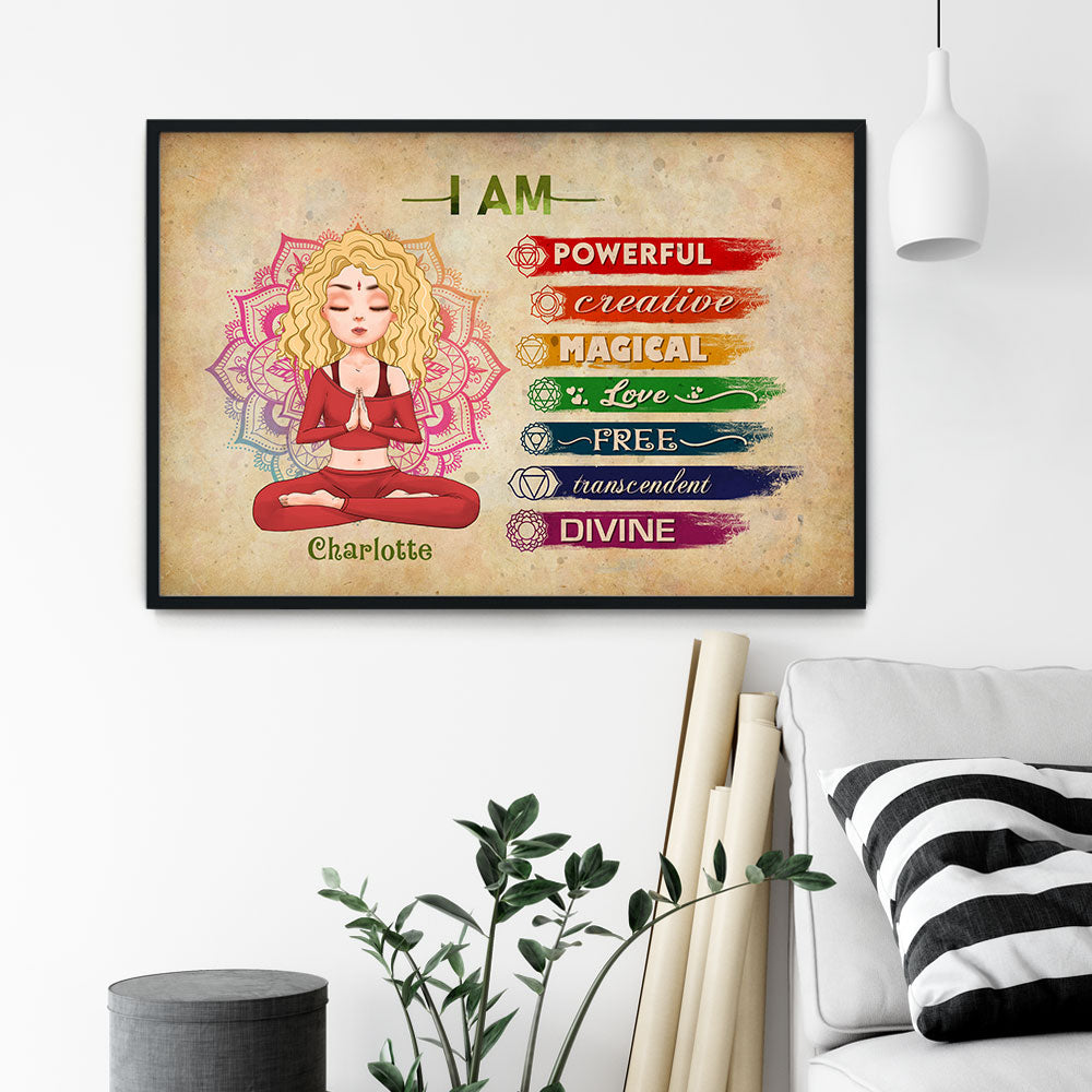 Custom Yoga Canvas Prints poster, a woman hanging the framed print on a wall