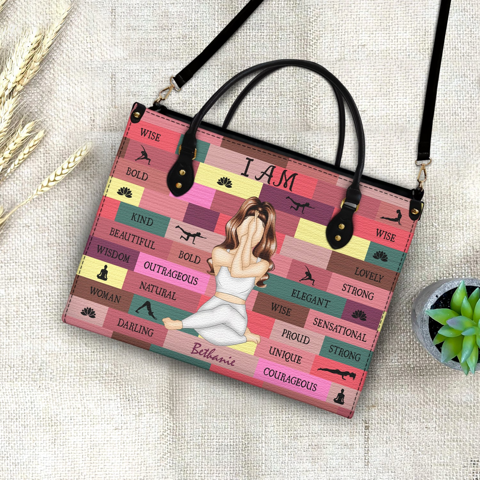 Personalized Yoga Girl I Am Bold handbag, front view with name options