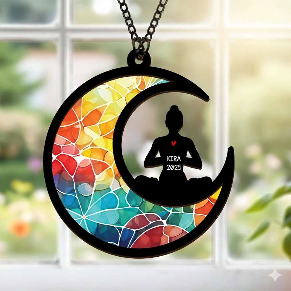 Personalized Christmas Namaste Yoga suncatcher ornament, main view
