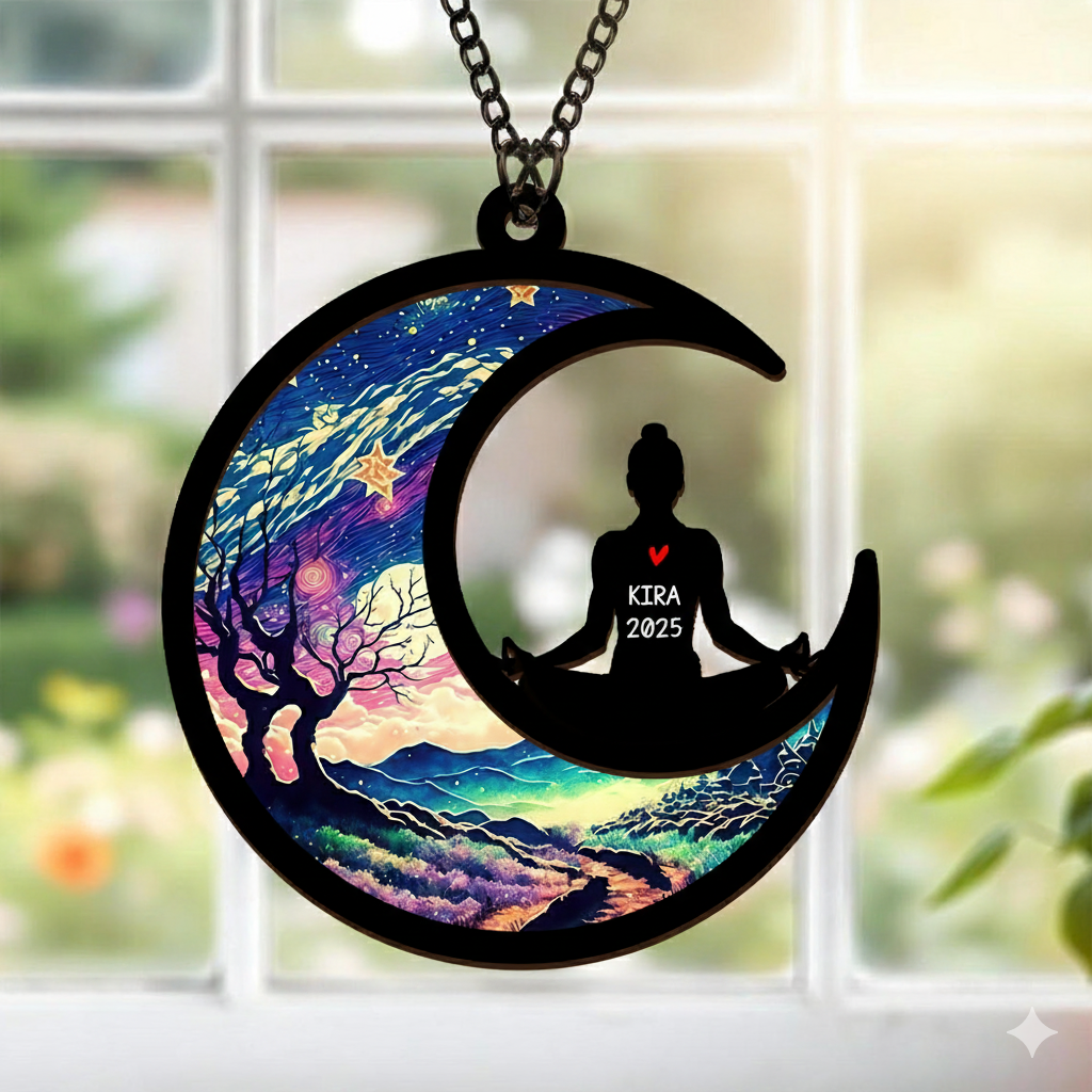 Personalized Christmas Namaste Yoga suncatcher ornament, alternate view 2